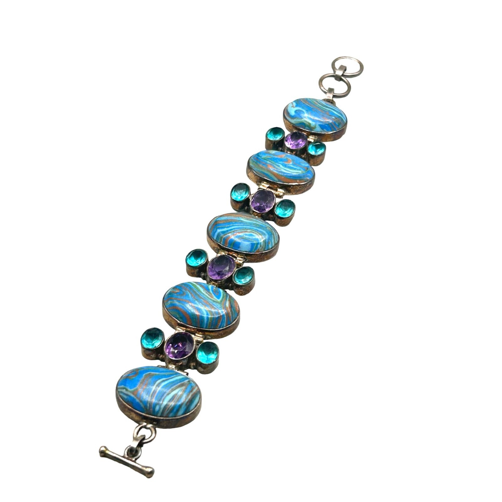 Colorful Purple and Blue Sterling Silver 925 Semi Precious Stones Bracelet 8″