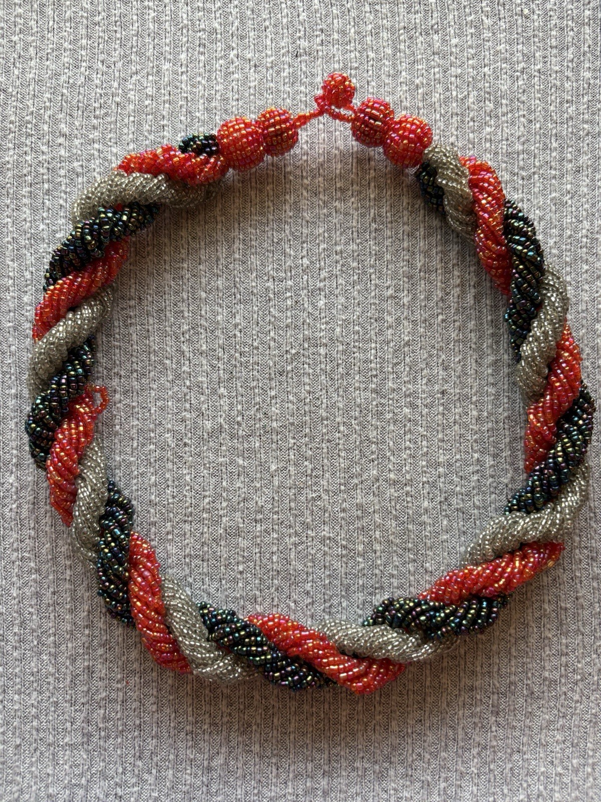 Vintage red, iridescent & clear microbeaded thick chunky braided necklace