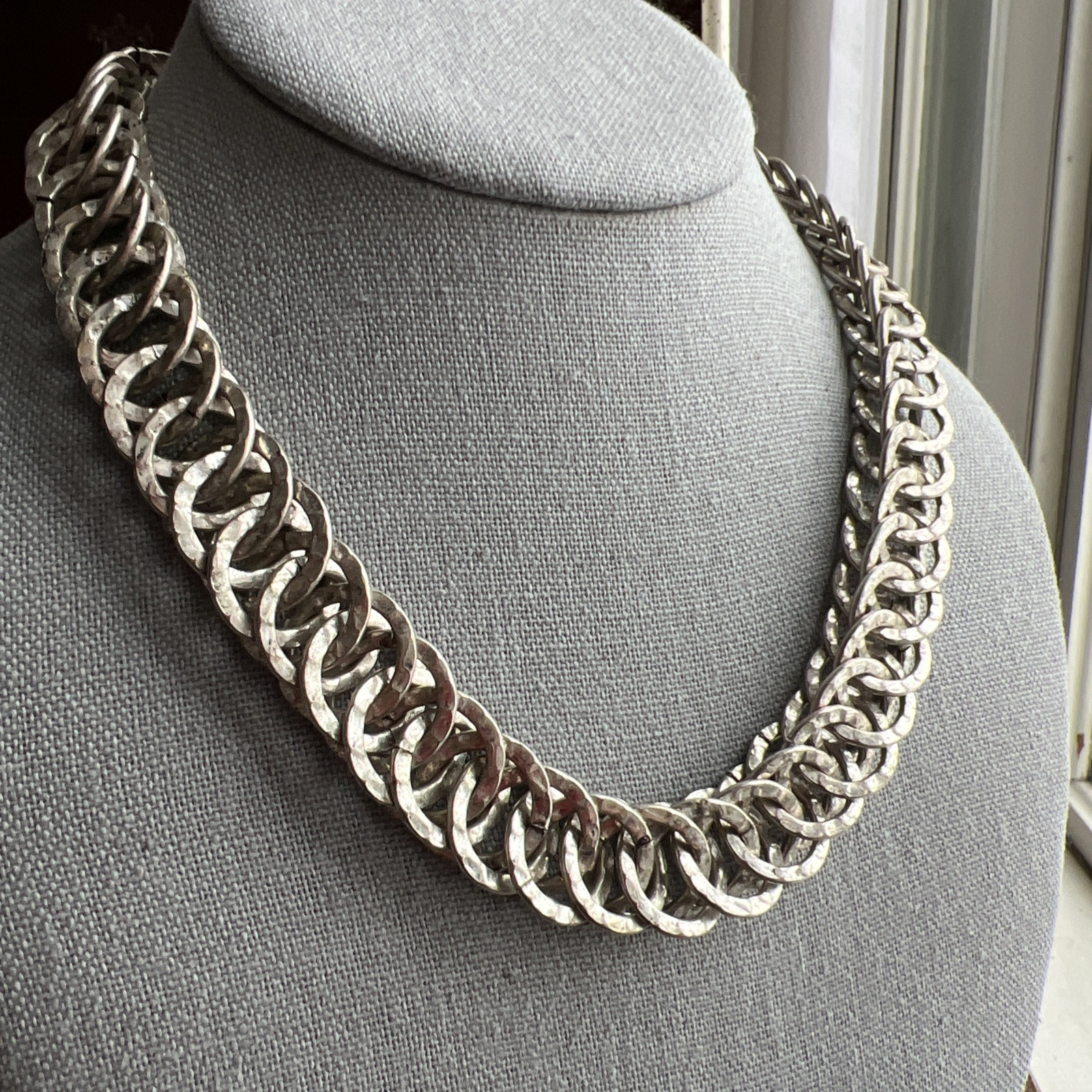 Vintage Double Link Silver Metal Necklace; Signed AV; Beautiful!