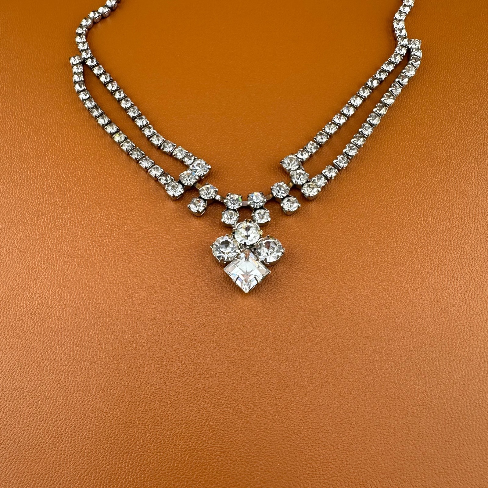 Vintage Rhinestone Festoon Style Necklace Silver Tone Cup Chain Clear Stones