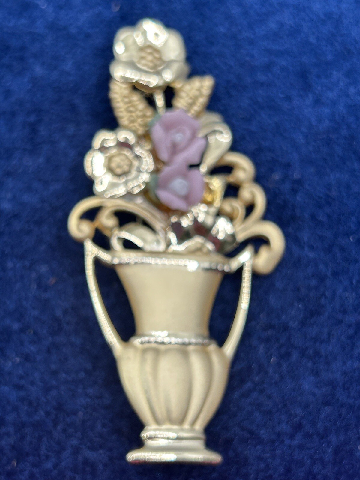 Vintage AJC Brooch Pin Floral Bouquet In Vase Porcelain Gold Tone Victorian