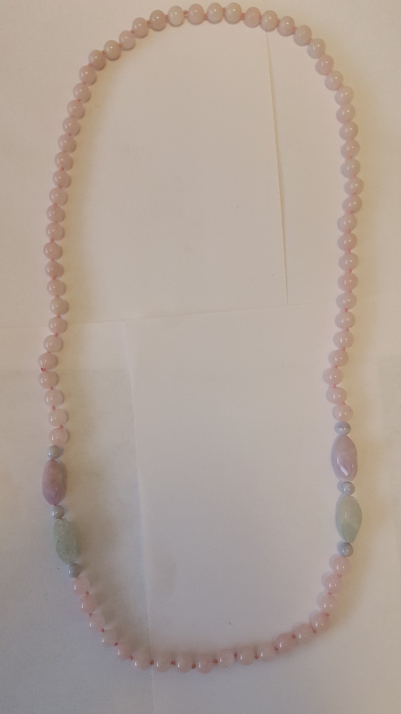 Asian pink Jade knotted beaded necklace, Long 64 grams, tested. Pretty!