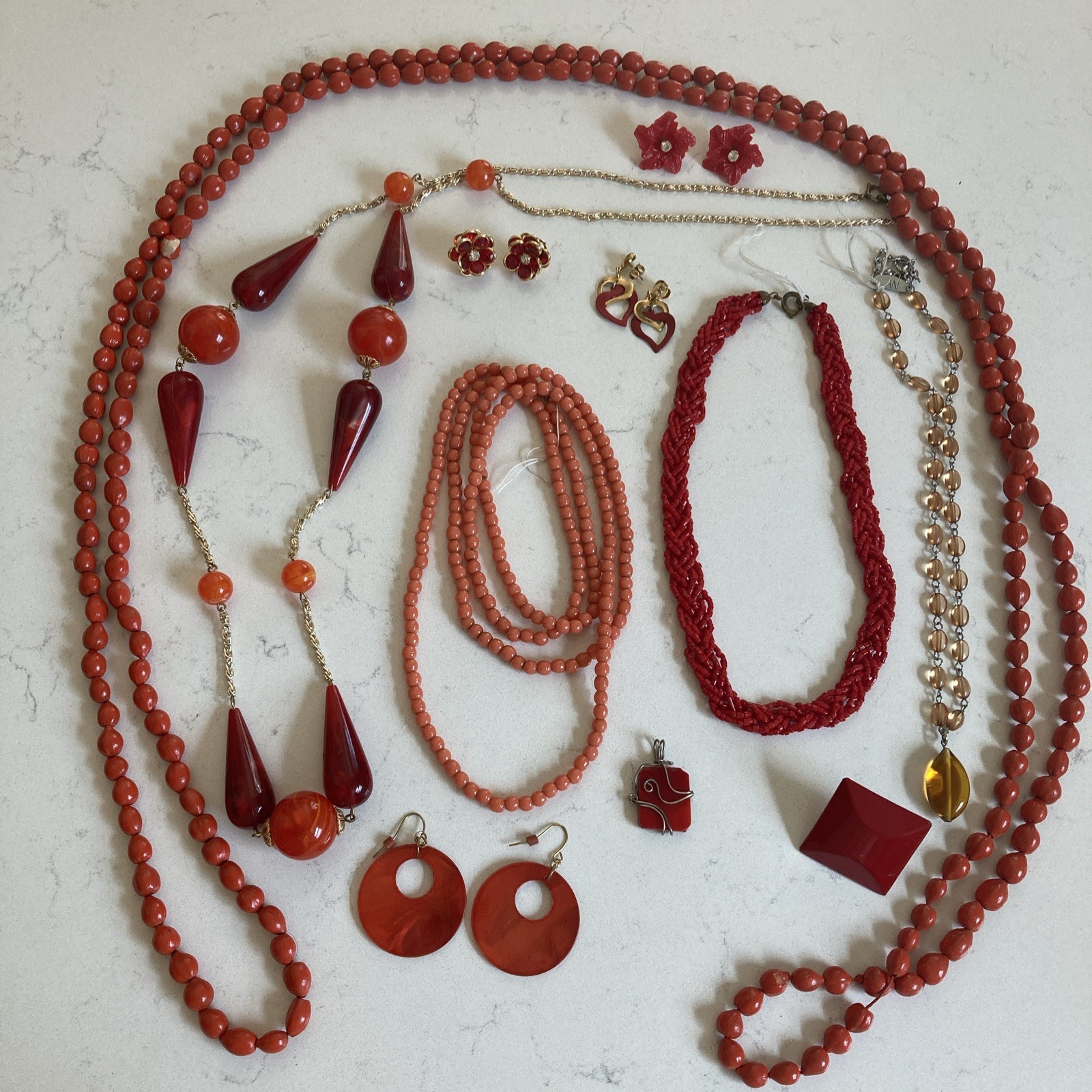 Vintage Red Orange Jewelry Lot Glass Bead Necklaces Earrings Sead Beads Pendant