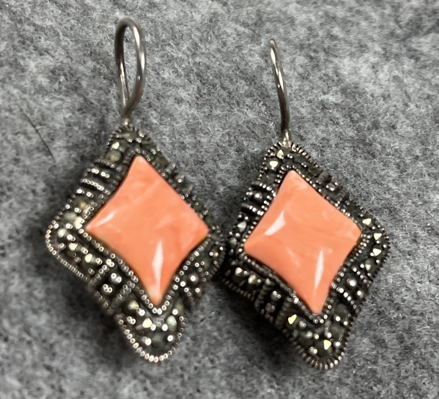 A 925 Vintage Sterling Silver 925 Marcasite Faux Coral Dangle Earrings 6.9g