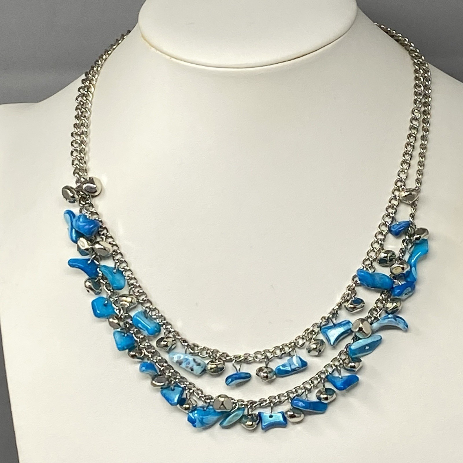 Mother of Pearl Necklace Blue Dyed Fringe Nuggets Silver Tone Layered Shell 16″