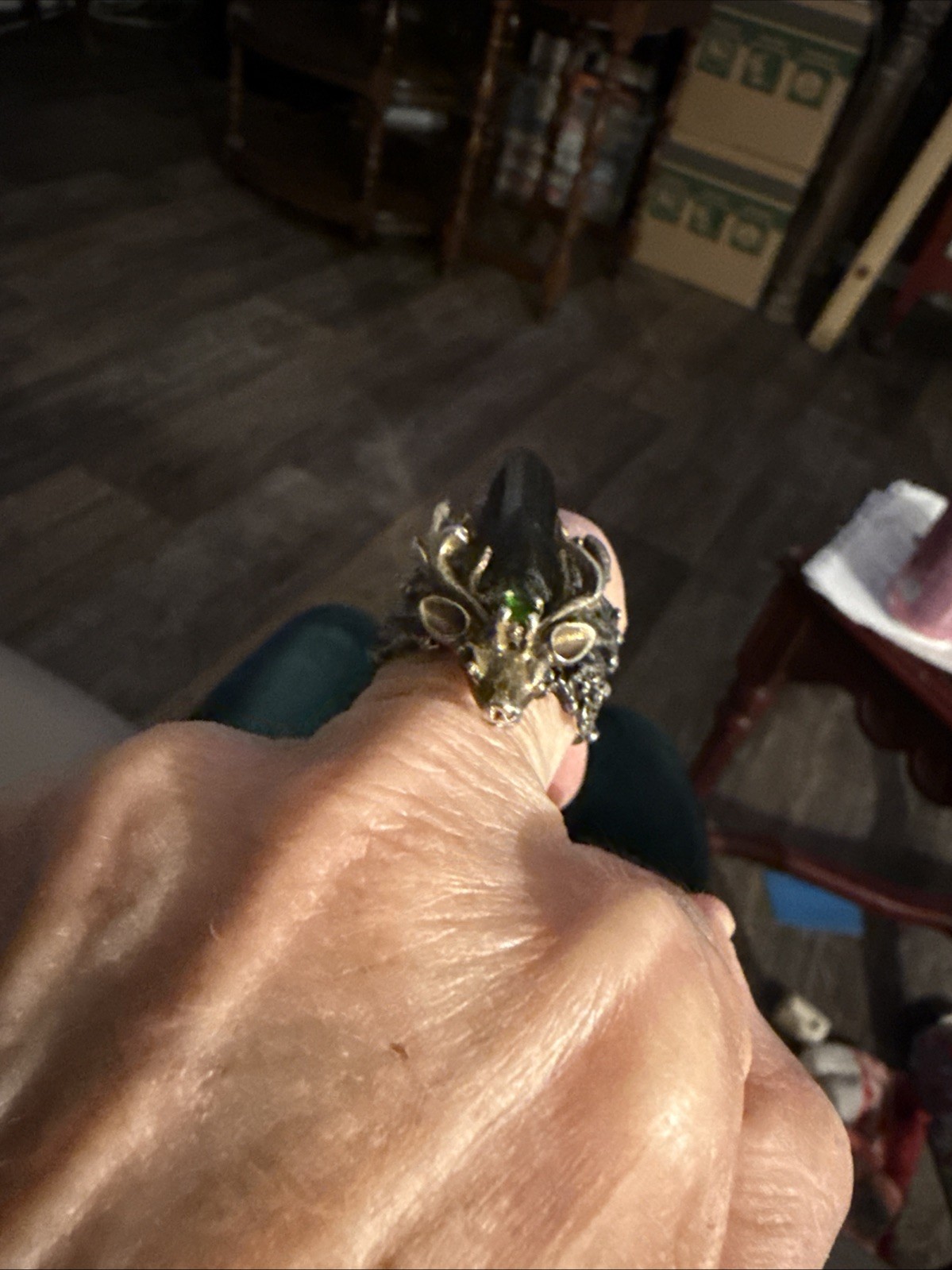 Vintage Reindeer Ring Sterling With A Black Beryl Stone And A Green Stone Size 8
