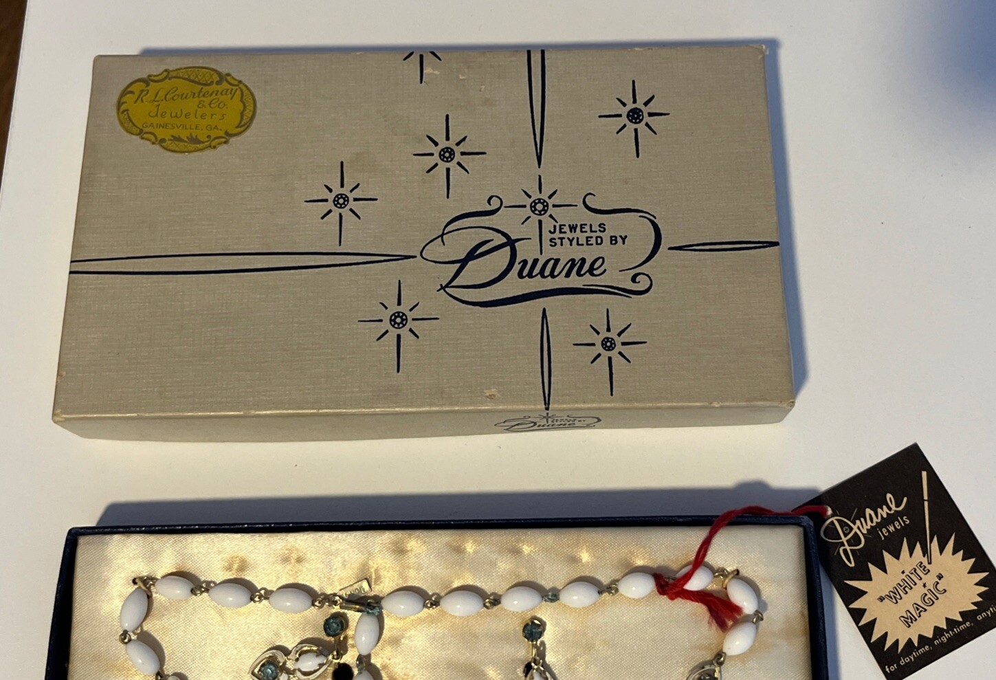 Vtg Jewels Styled by Duane Rhinestone & White Stones Choker Earrings 50s Boxed
