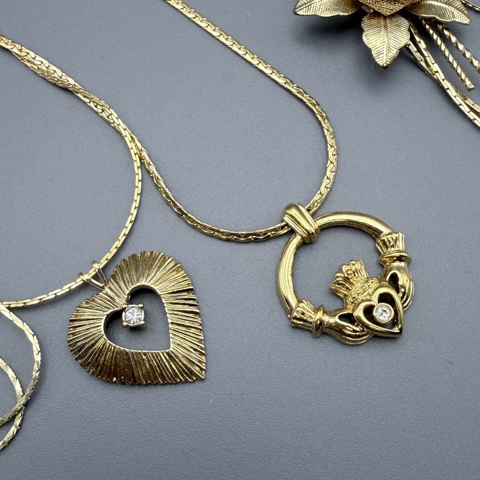 Vintage Necklaces Lot Of 8 Gold Tone Cloisonne Heart Floral Claddagh Zipper