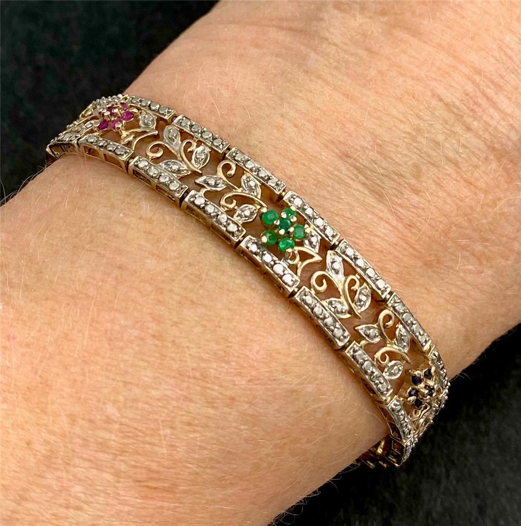 Ross Simons Sterling Silver Gold Pl. Emerald Ruby Sapphire Floral Bracelet 7-1/4