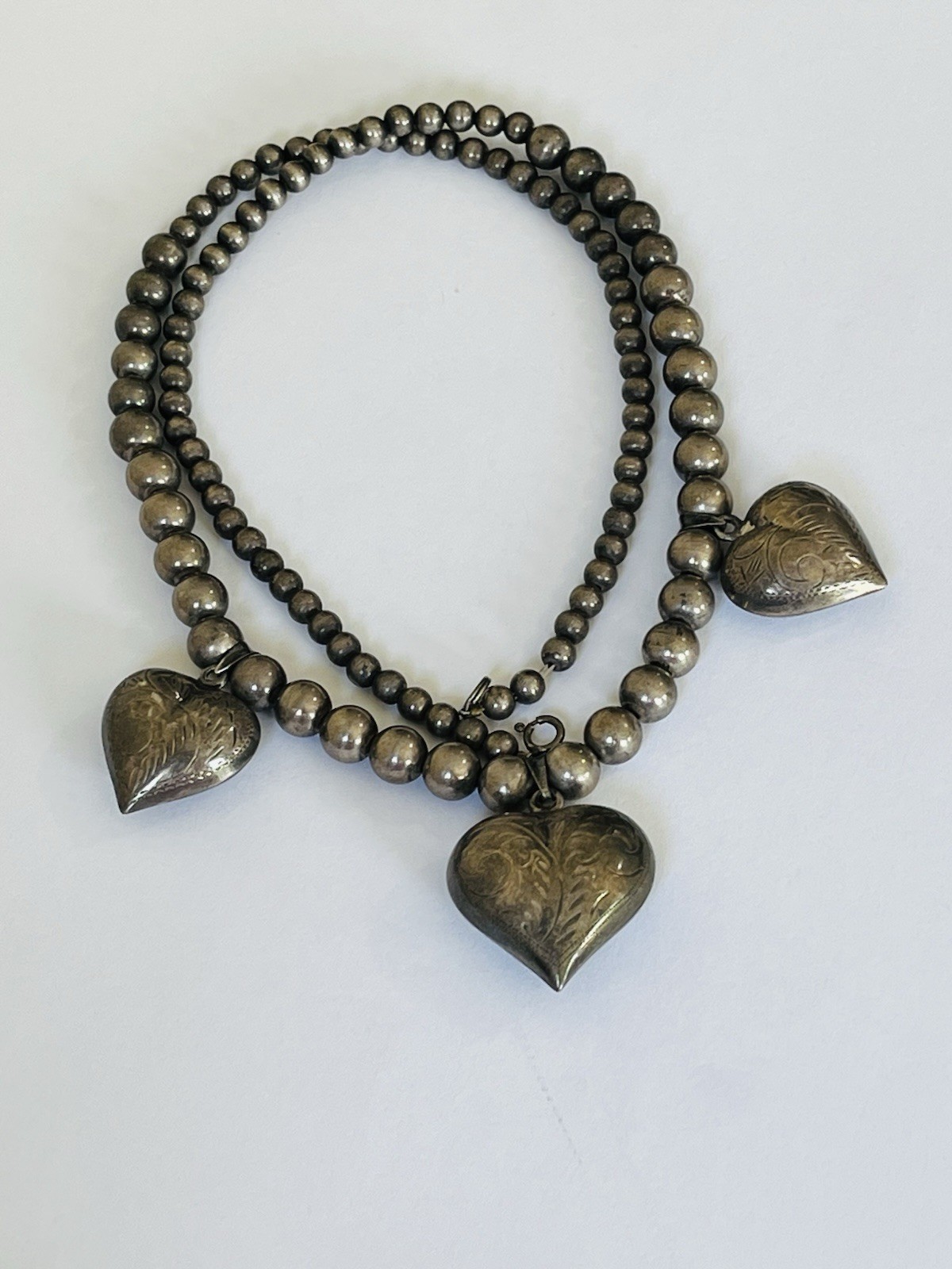 Vintage Sterling Silver Heart Charms Pendant 8MM Ball Bead Necklace 41-Grams