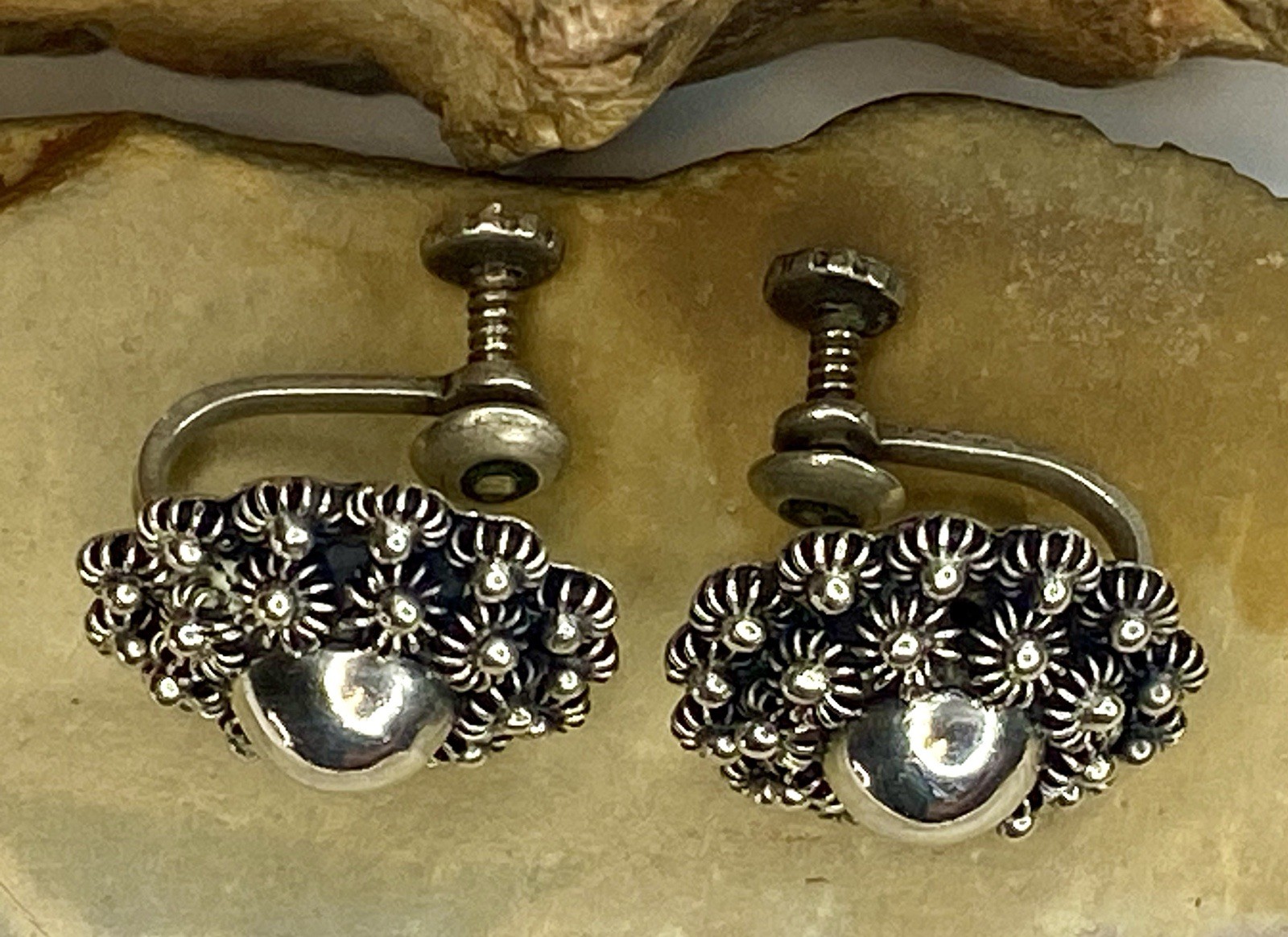 Vintage Mexican Sterling Silver 925 Mid-Century Brutalist Screw Back Earrings