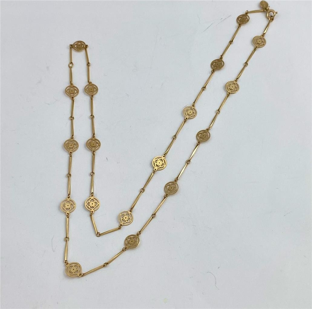 1970’s Avon Gold Tone Dainty Flower Lace Bar Link Necklace 28″ Long