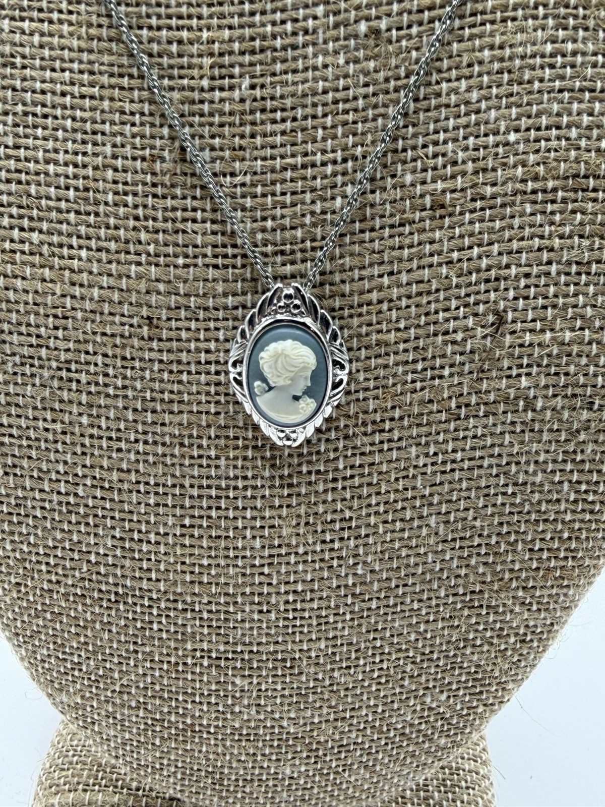 Trifari Blue and White Cameo Pendant Necklace And Earrings on Silver Tone Chain