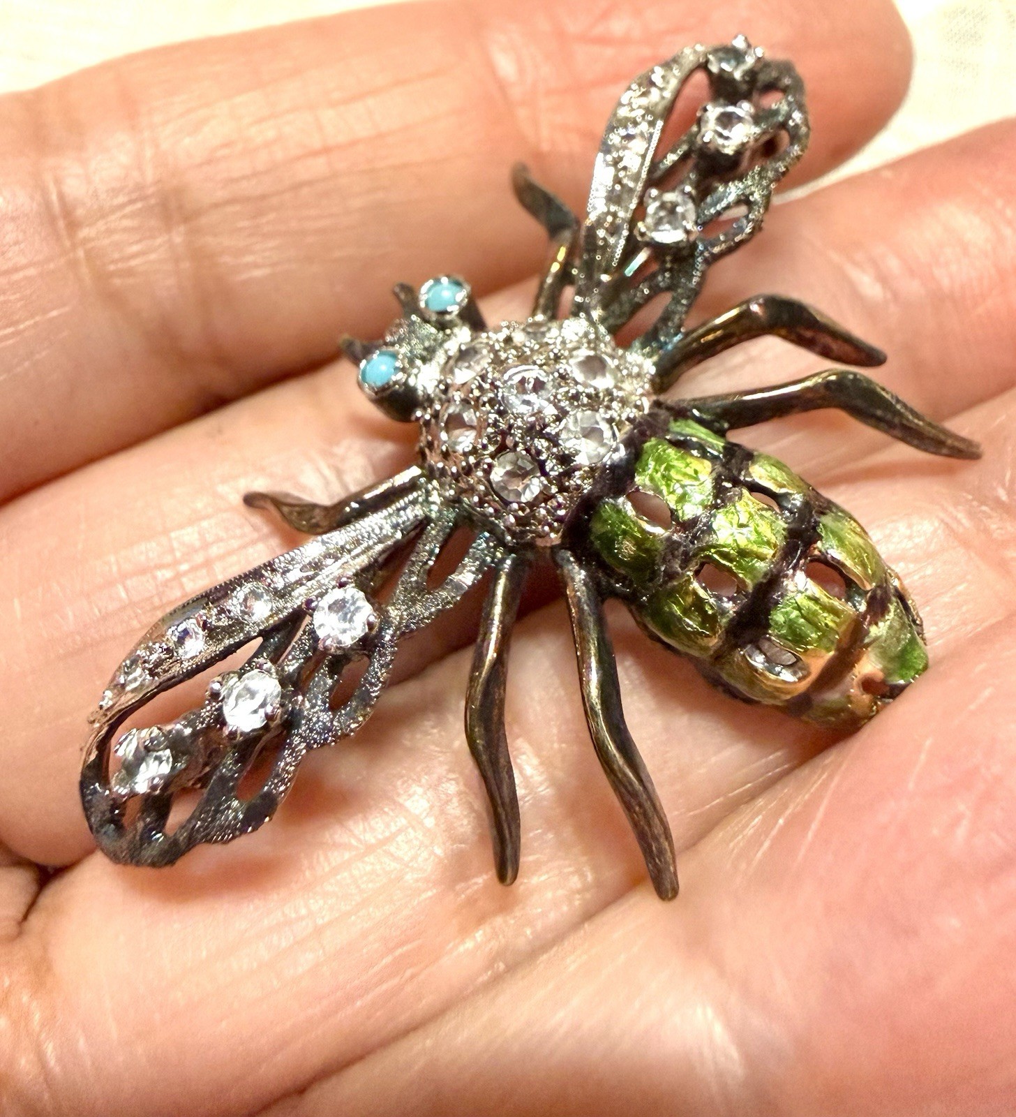 Vintage Sterling Silver Vermeil Bee Wasp Brooch Rhinestone Enamel Figural Pin
