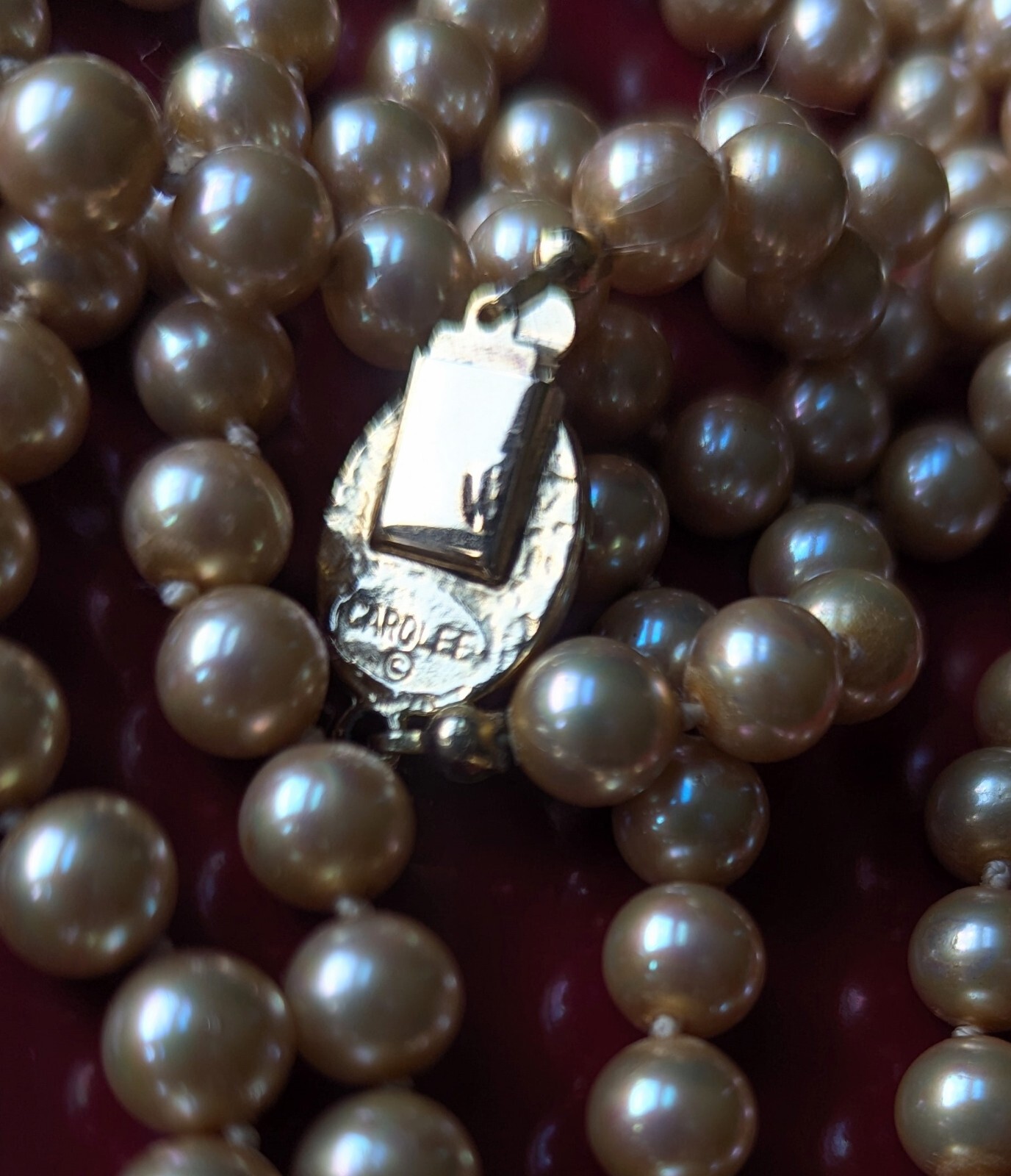 Vintage CAROLEE Faux Pearl Knotted Champagne Gold Tone 60″ Rope Length Necklace