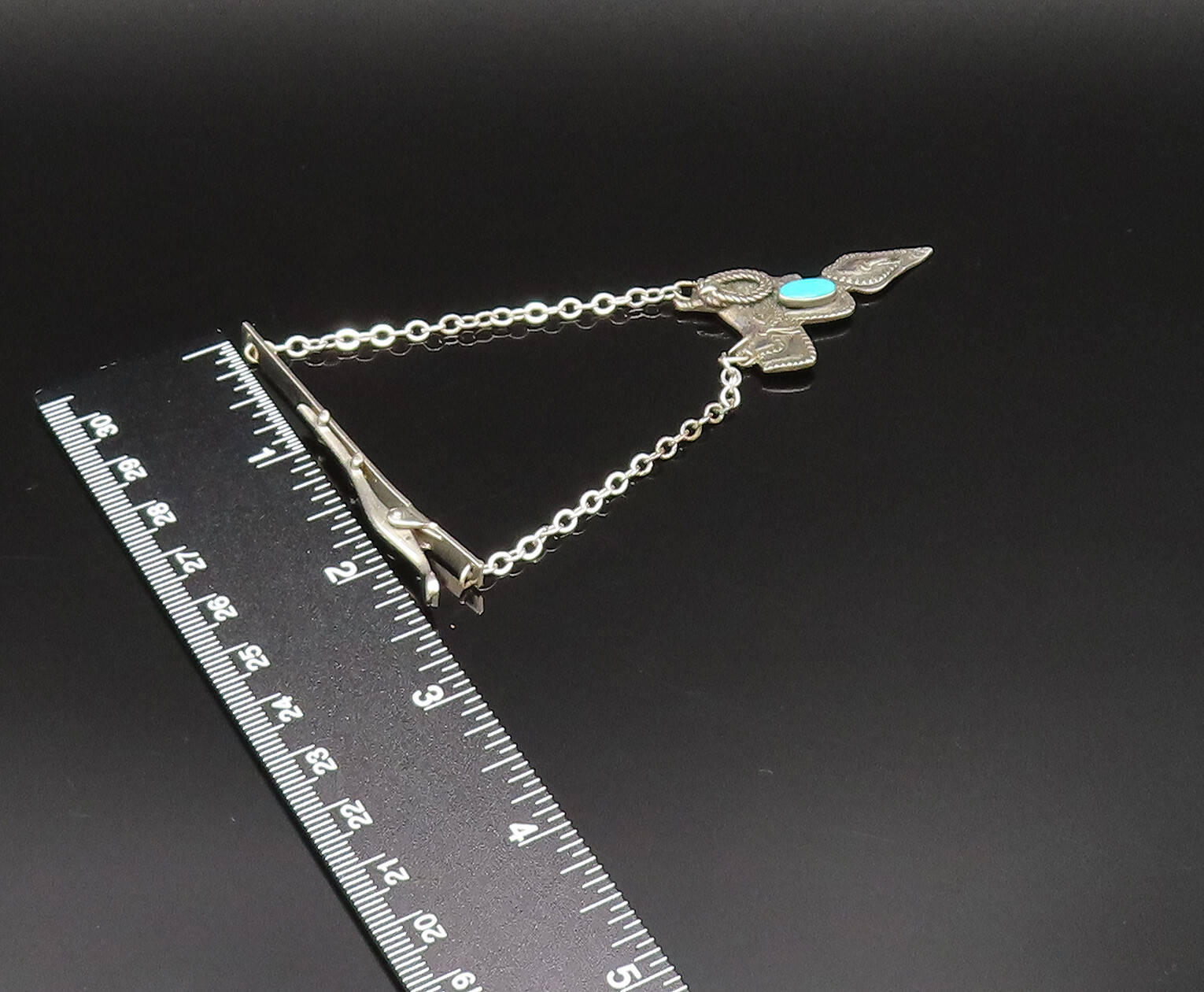 SOUTHWESTERN 925 Sterling Silver Vintage Etched Turquoise Saddle Tie Clip TR3382