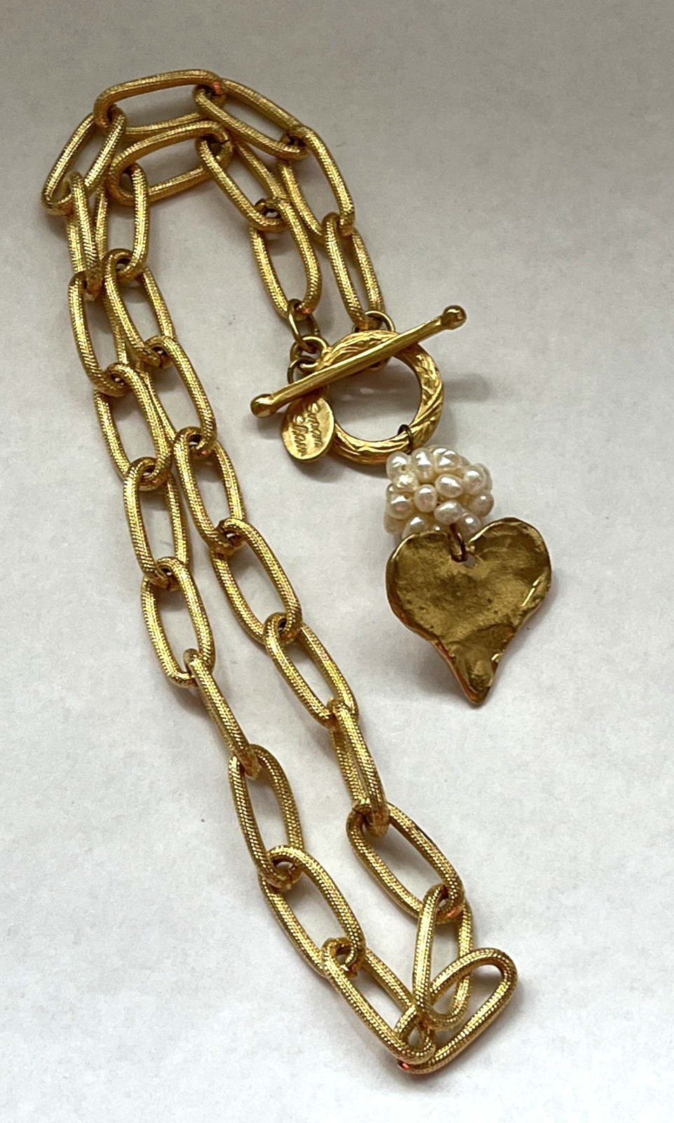 SUSAN SHAW 24K TPG Genuine Fresh Water Pearls Heart Toggle Chain Link Necklace