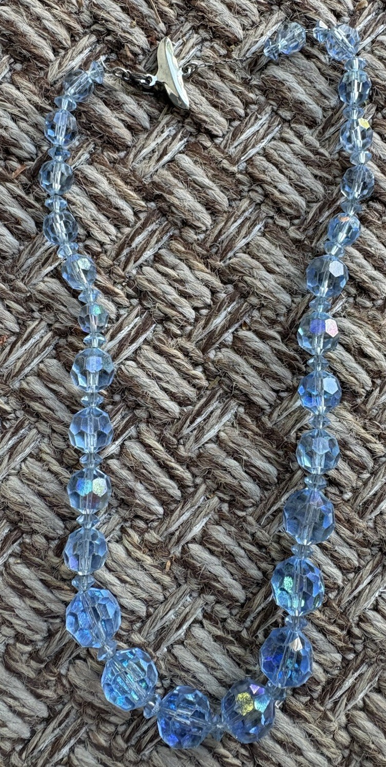 Vintage Czech beaded 14” necklace Graduated Lt blue faceted glass crystal beads