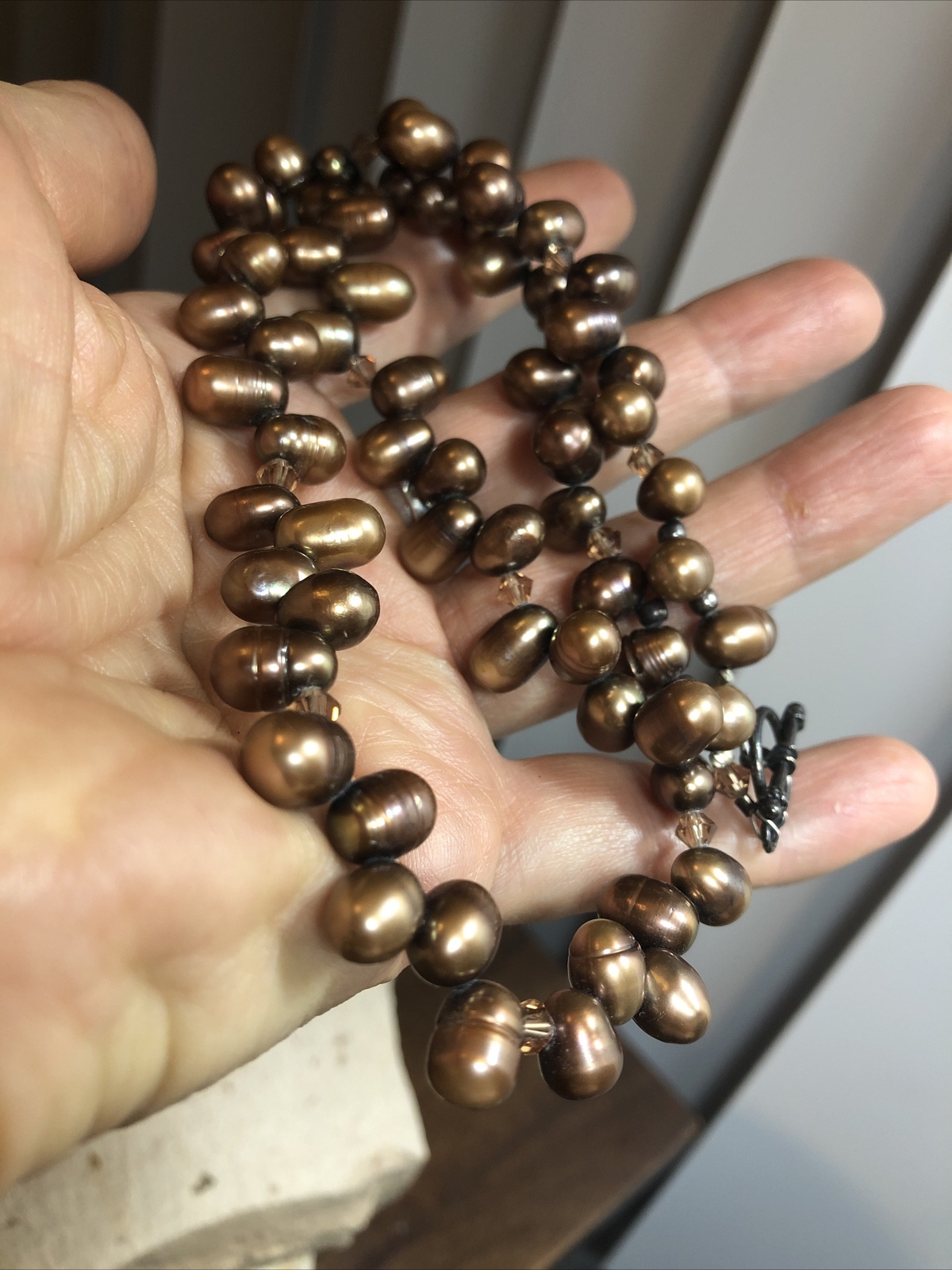 Vintage 925 Sterling Silver Root beer Pearl Bead Beaded Toggle Necklace 44g