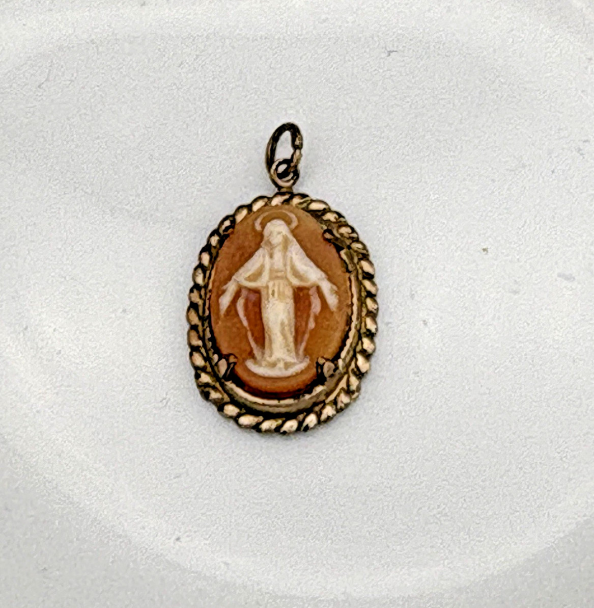 Vintage Miraculous Medal Virgin Mary Pendant Carved Shell Cameo 12K Gold Filled
