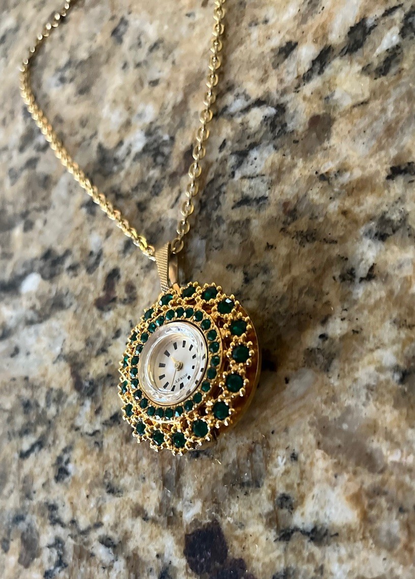 Vintage Honey Hand Wind Green Crystal Gold Tone Pendant Watch Chain Necklace