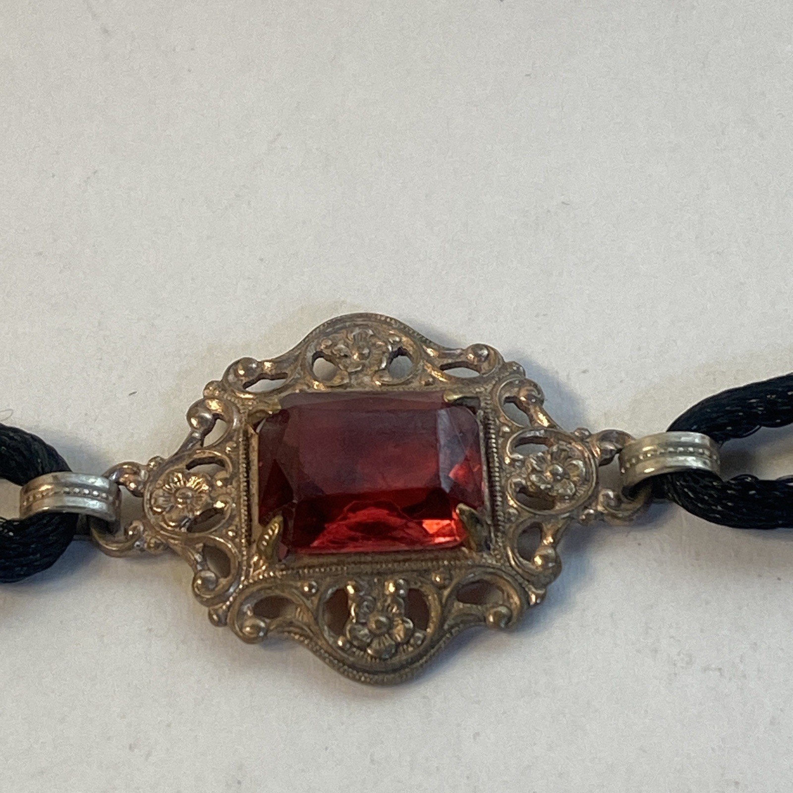 Vintage Bracelet Black Cord W/Gold Tone & Red Stone Small