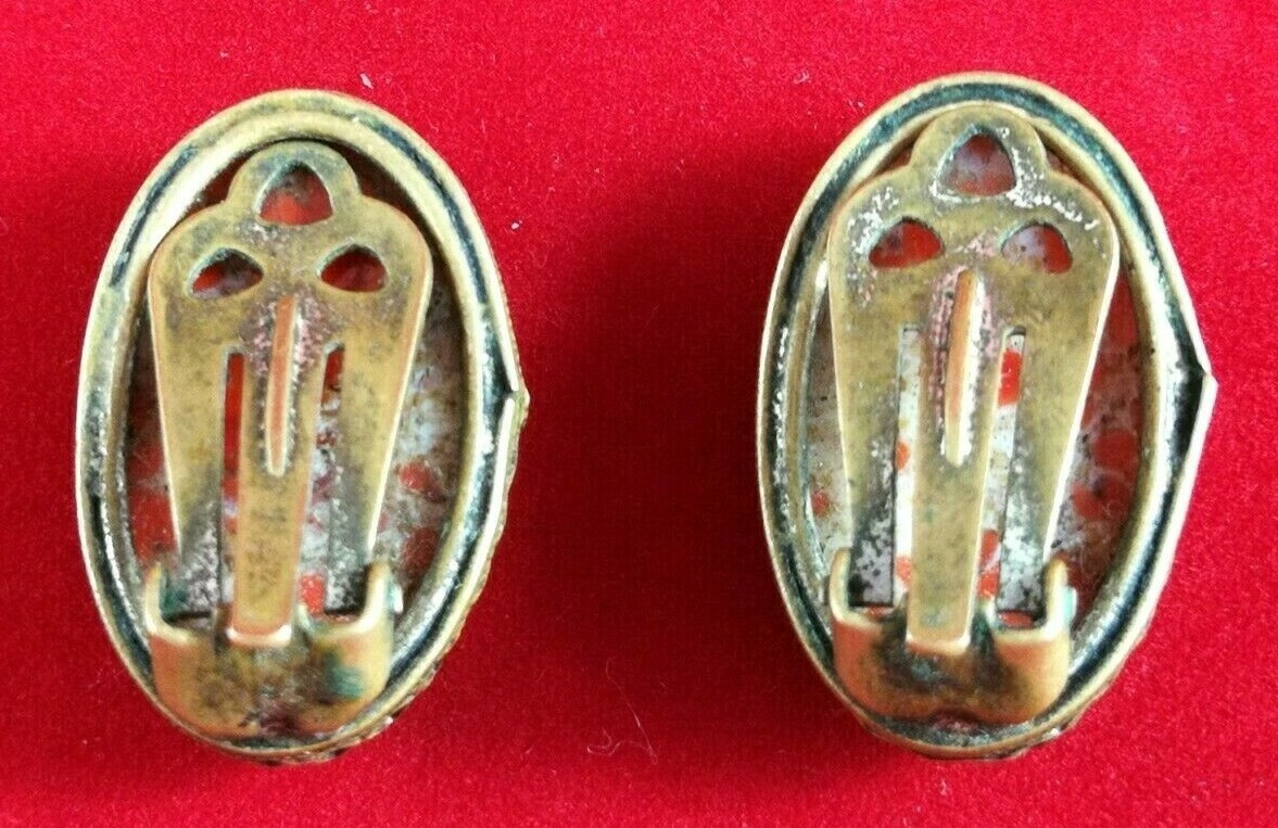 Vintage Czech Earrings Red Art Deco Glass Crystals Bohemian Art Glass Cabochon