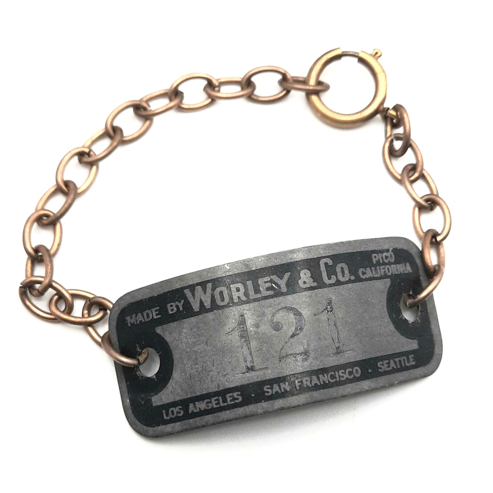 Worley & Co Pico California CA VTG Locker Tag Bracelet # 121 Brass Chain OOAK