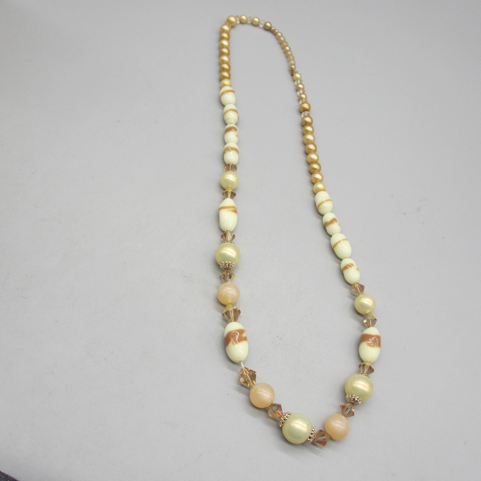Vintage Glass Beaded Necklace Cream Peach White Brown 24 Inch