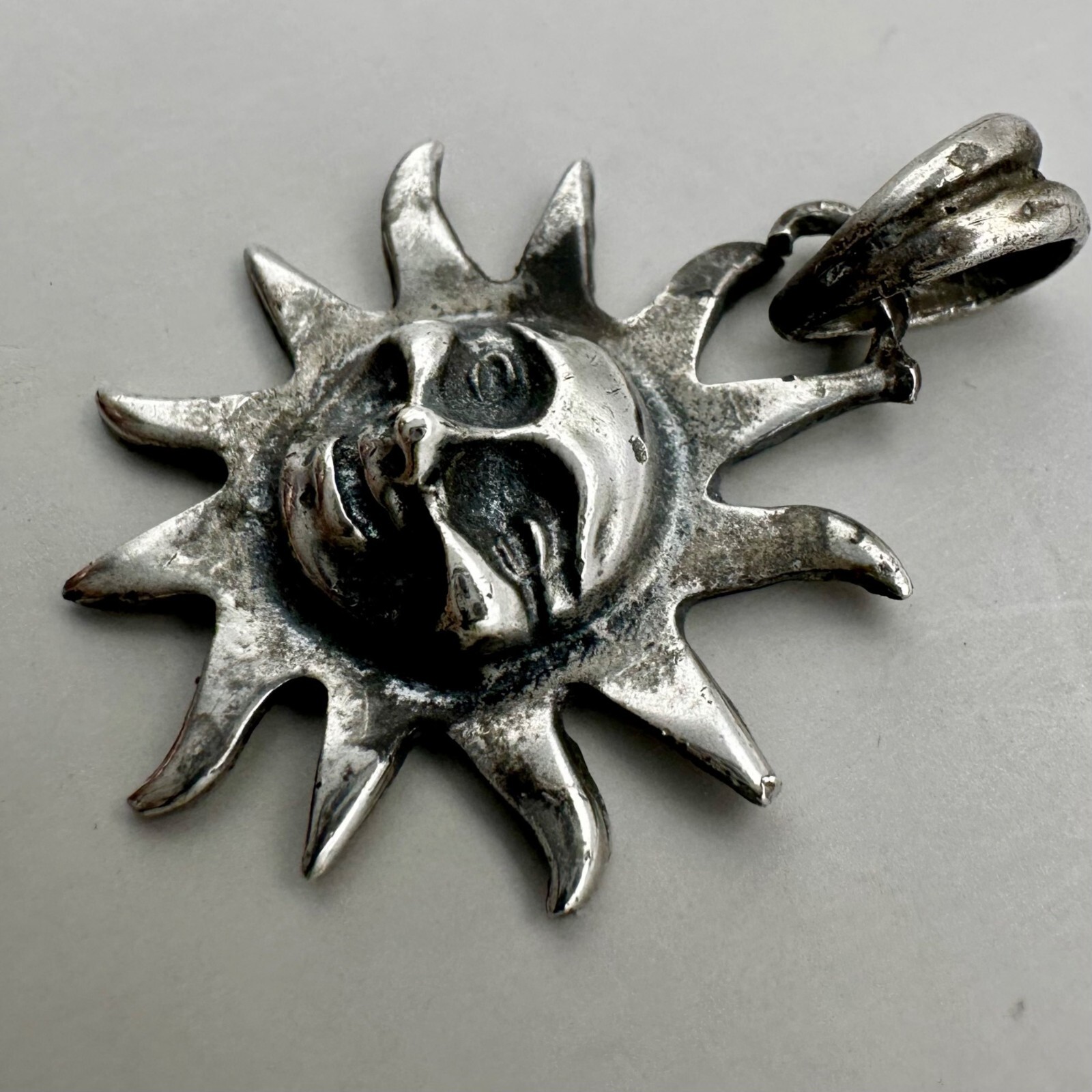 Happy Sun Face Pendant Celestial God Cast Sterling Silver Marked 925 Tilted Bail