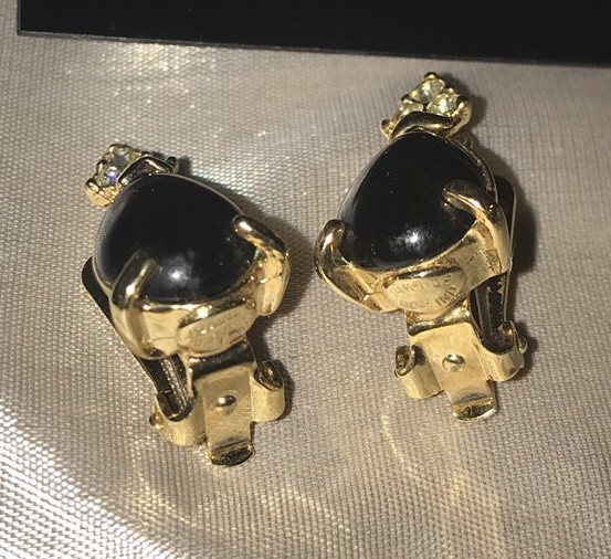 Lindenwold Pear Shape Black Onyx & Swarovski Crystal Clip-on Earrings 14k HGE