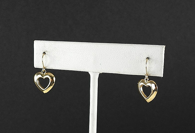 14K Yellow Gold Heart Dangle Drop Earrings Vintage JCM Fine Hook Classic Jewelry
