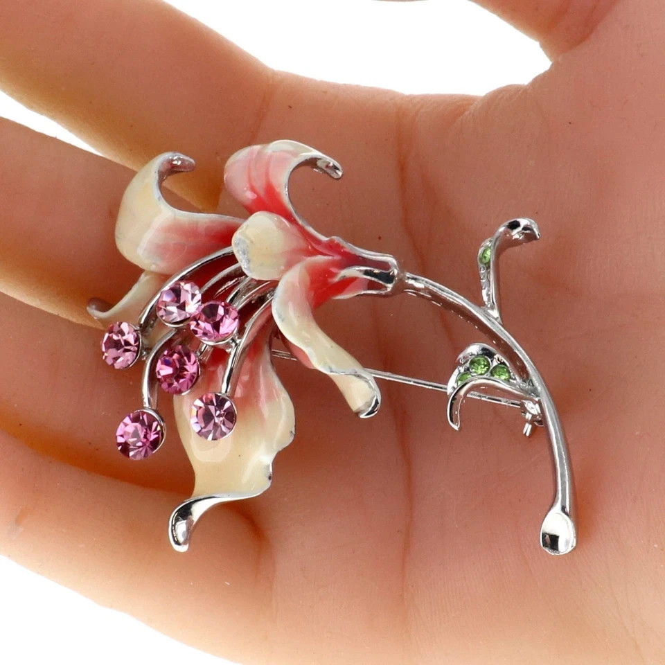 Enamel lily flower brooch pin with pink and green rhinestone Charm