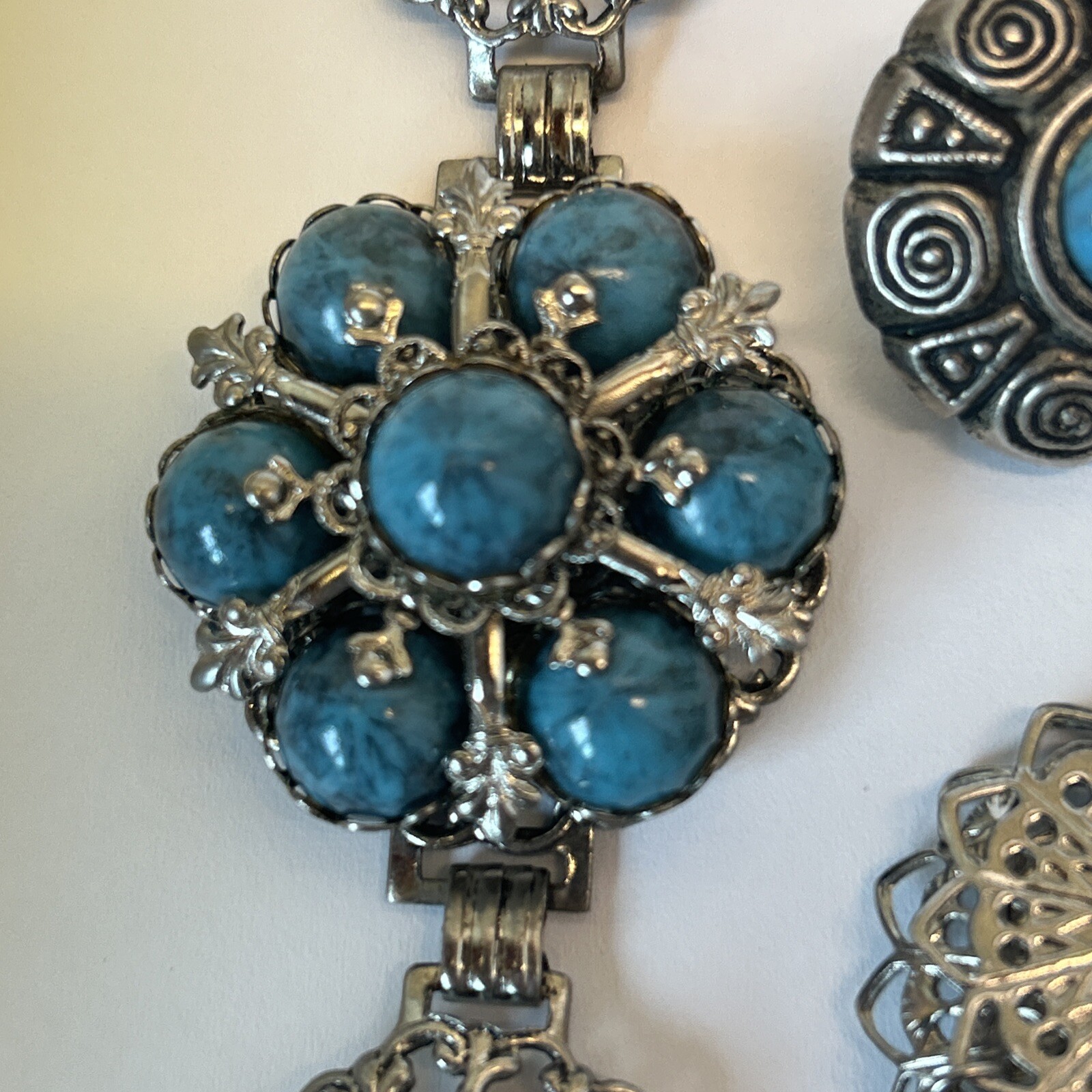 Faux Turquoise Bracelet 2 Earrings Silver Tone Southwestern Boho Tribal Filigree