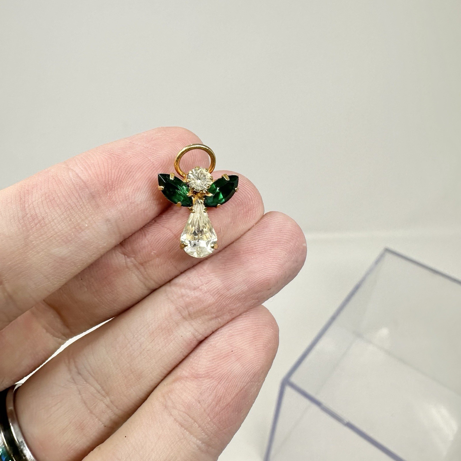 Vintage Green Emerald May Birthstone Guardian Angel w Halo Pin