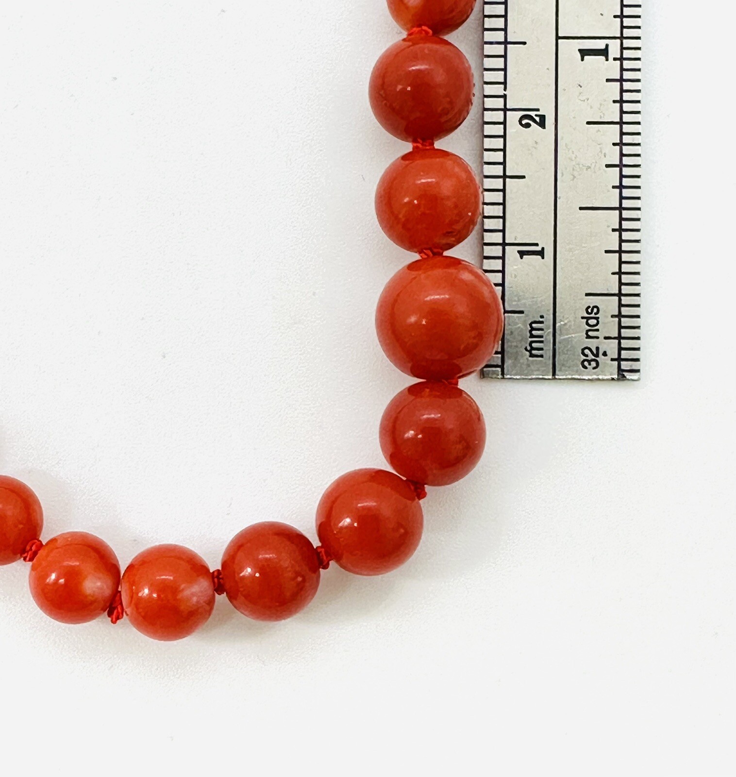Natural Red Coral 9 mm x 4 mm Strand 18k Yellow Gold Necklace 17.5″