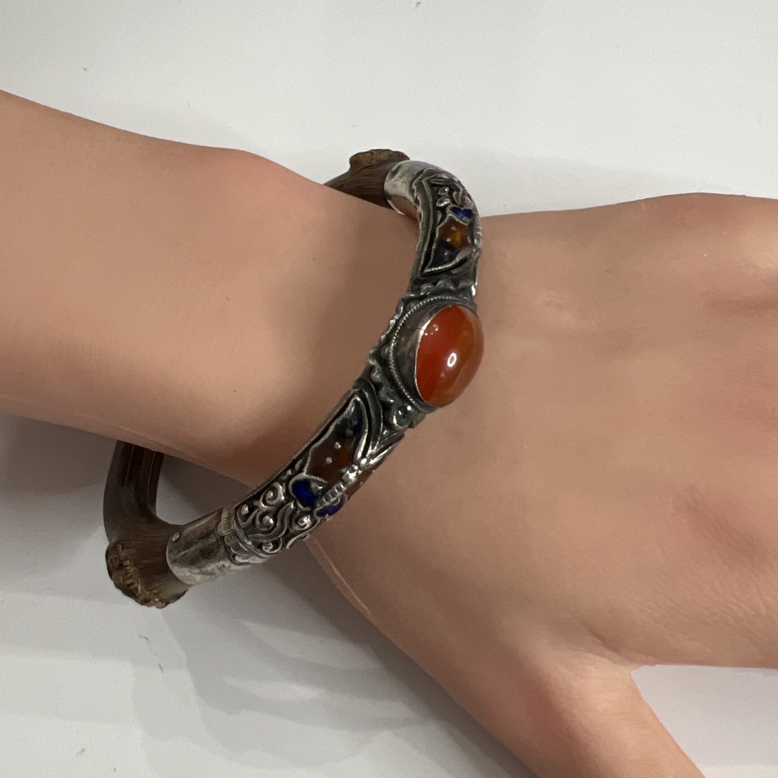 Antique Chinese Sterling Butterfly Enamel Carnelian Rattan Bamboo Bangle 7.75”