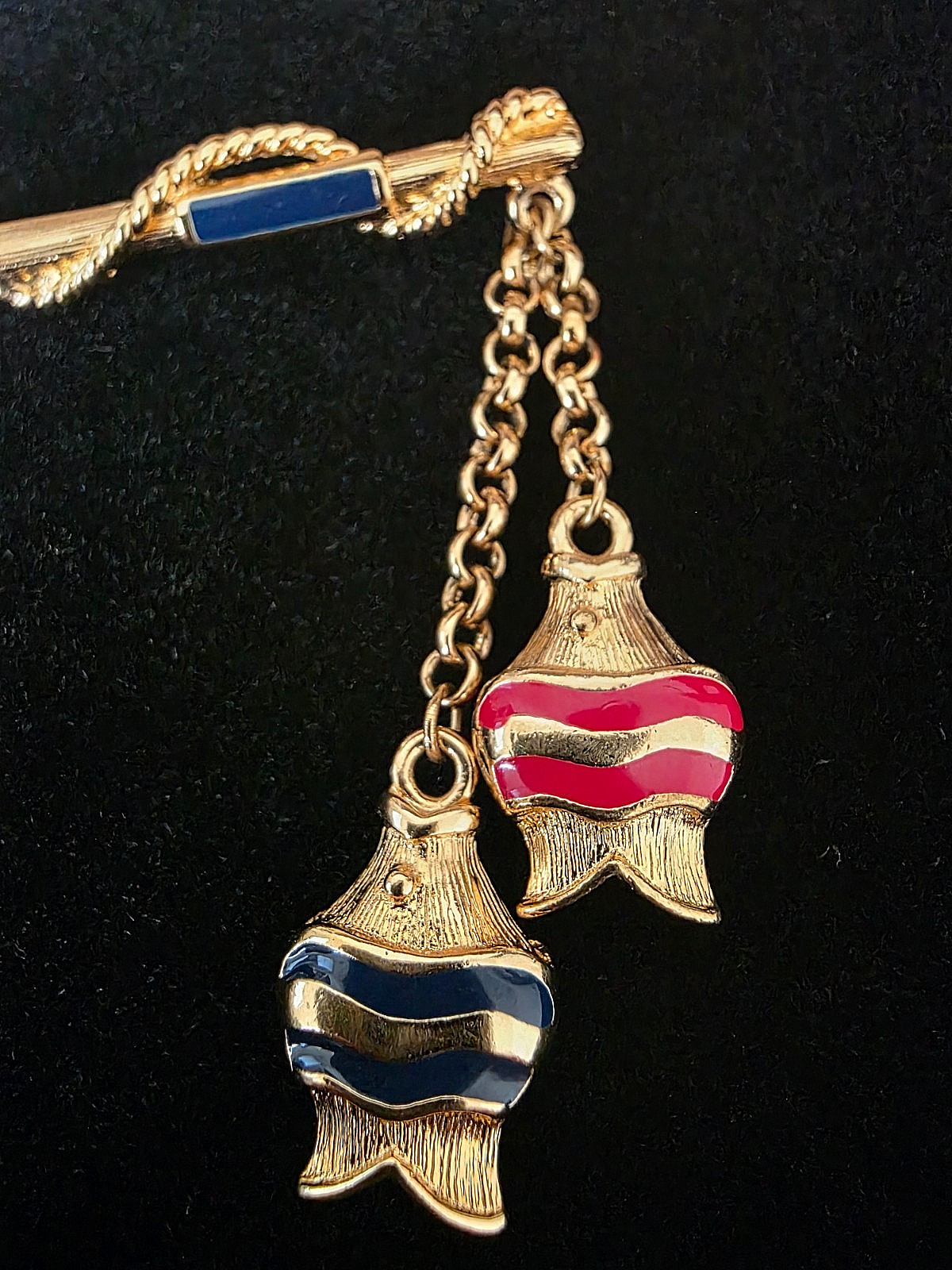 Trifari Fishing Pole Brooch • Enamel Fish Dangles • Nautical Vintage Pin