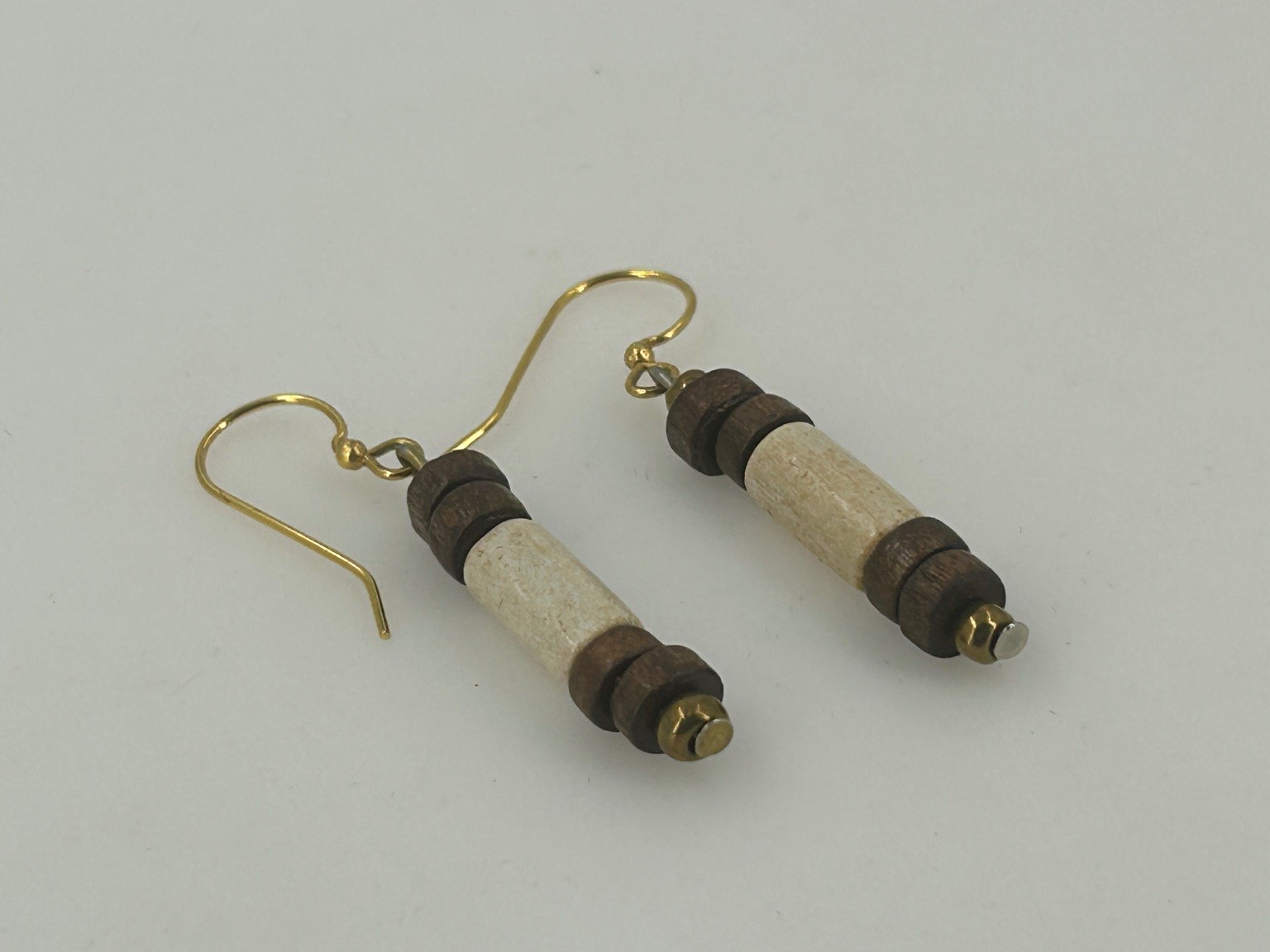 Dangle Drop Beaded Earrings Gold Tone 2″ Long Wood Ceramic Bone Tribal Handmade