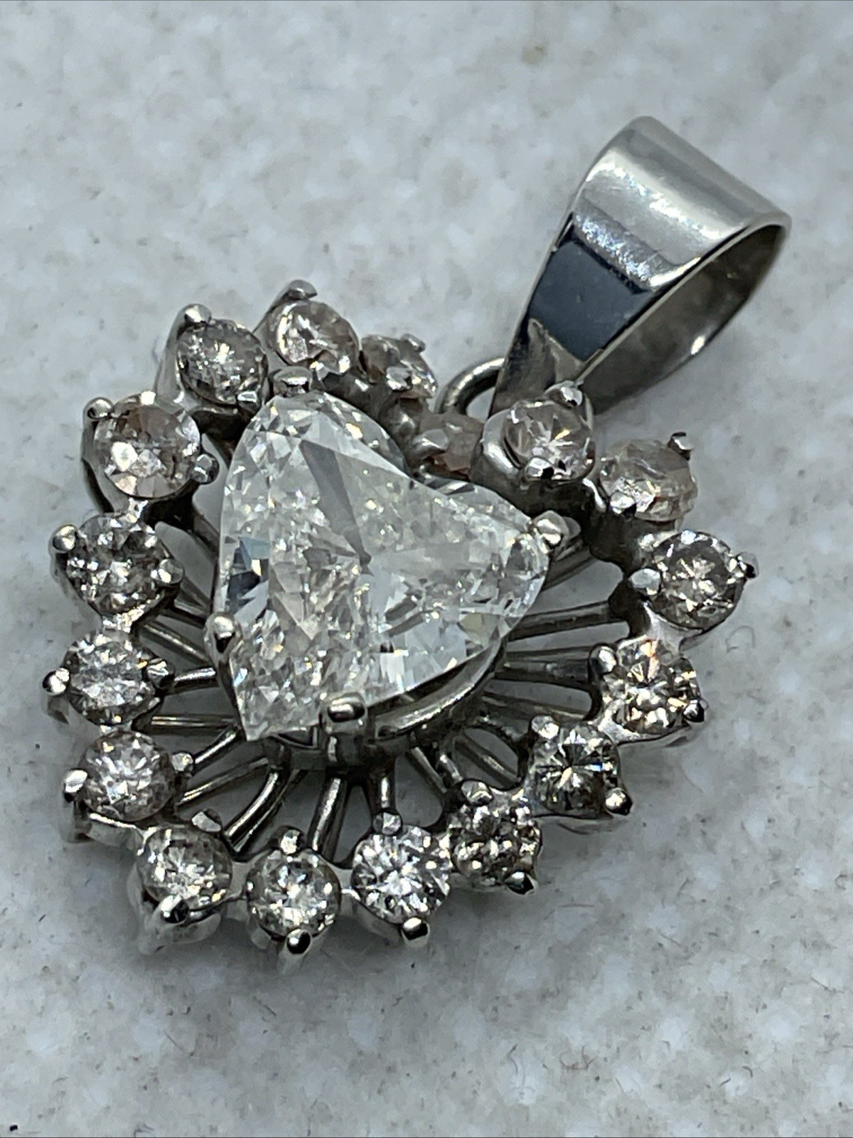 VINTAGE HANDMADE 8K White Gold Solitaire Diamond w/Accents Pendant & 11K Lock