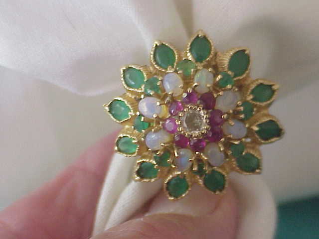 VINTAGE EUROPEAN DIAMOND-EMERALD-RUBY & OPAL STARBRUST RING SZ 5 1/2 RARE FIND