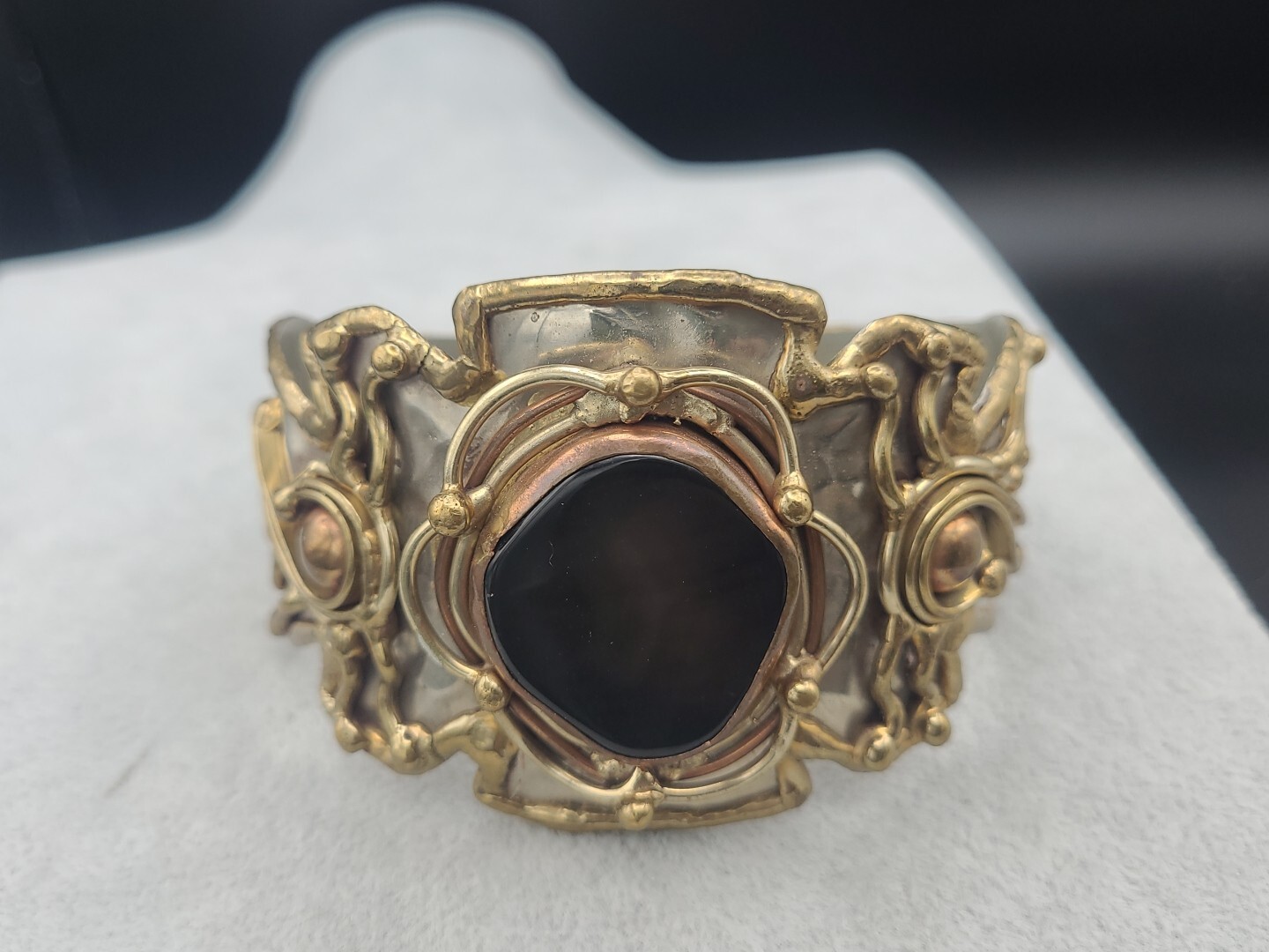 Vtg Mixed Metals Silver Tone Brass Copper Natural Stone Brutalist Cuff Bracelet