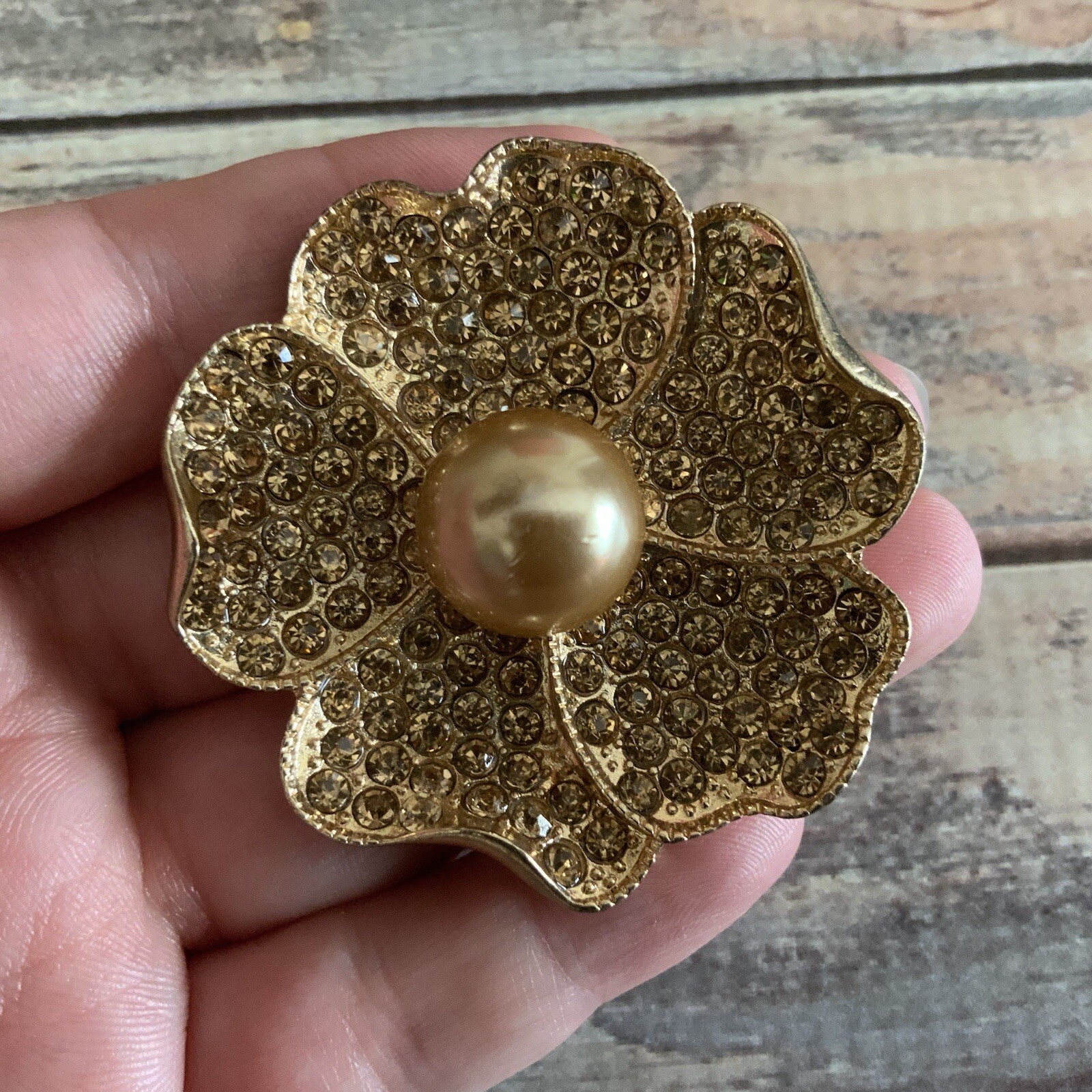 Monet Brown Rhinestone Holiday Poppy Flower Brooch In Gold Tone