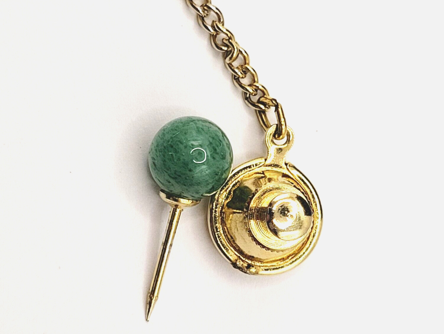 Jade Round Ball Polished Stone Gold Tone Vintage Tie Tack Pin with Chain