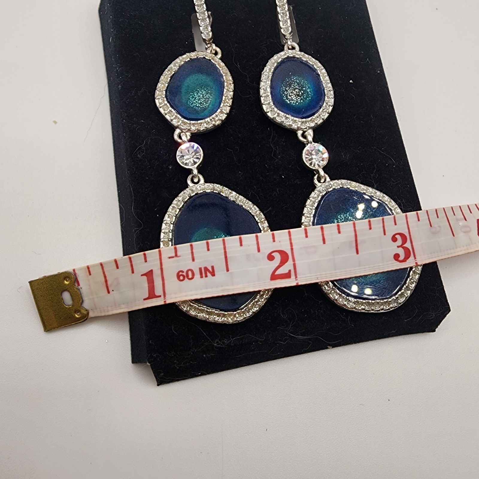 Vintage Silver Tone With Gems Women’s Earrings Geode Slices Stones Dangle Blue!