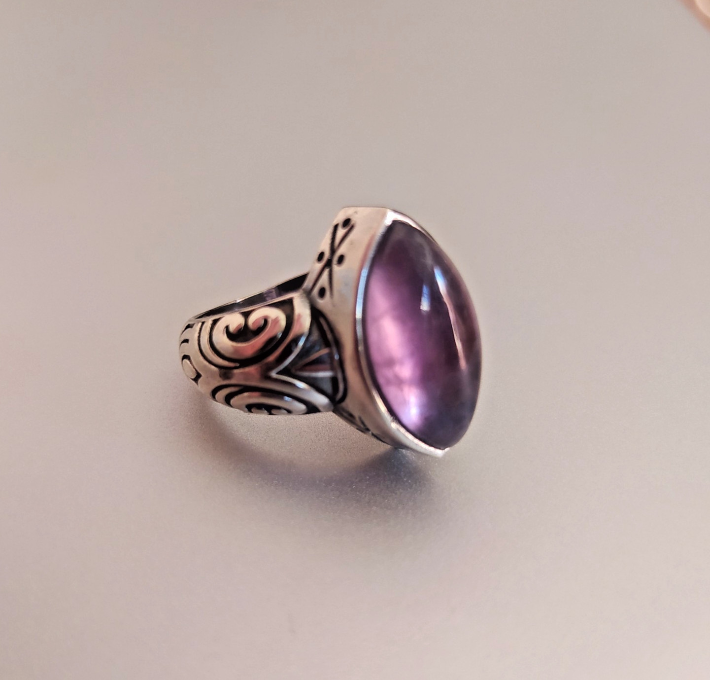 Ancient Vintage Victorian Sterling Silver Ring Natural Amethyst Stone Size 8