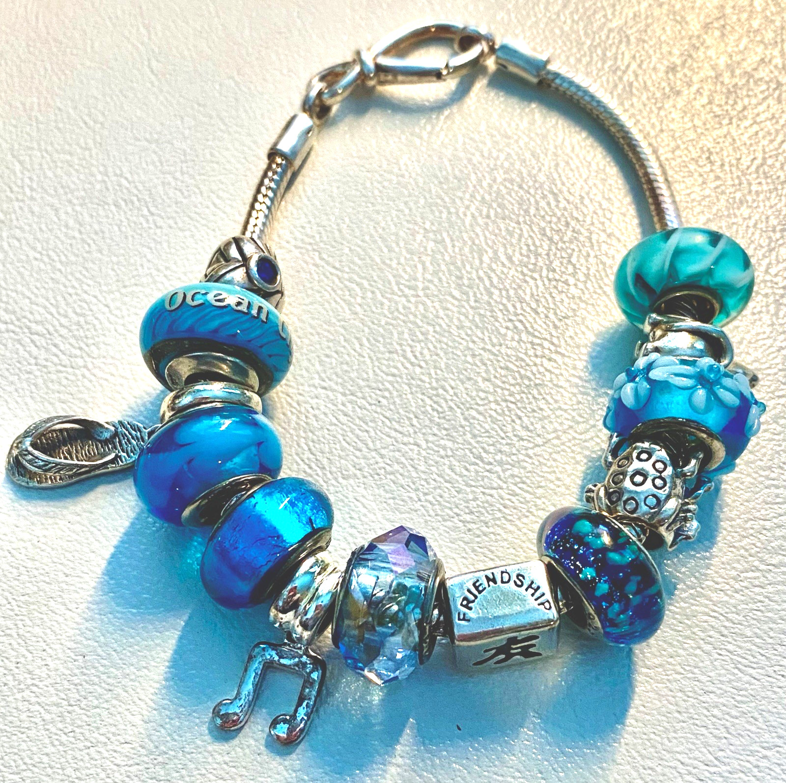 14 Blue + Mixed Makers Sterling Silver Slide Charms Bracelet Ocean Beach