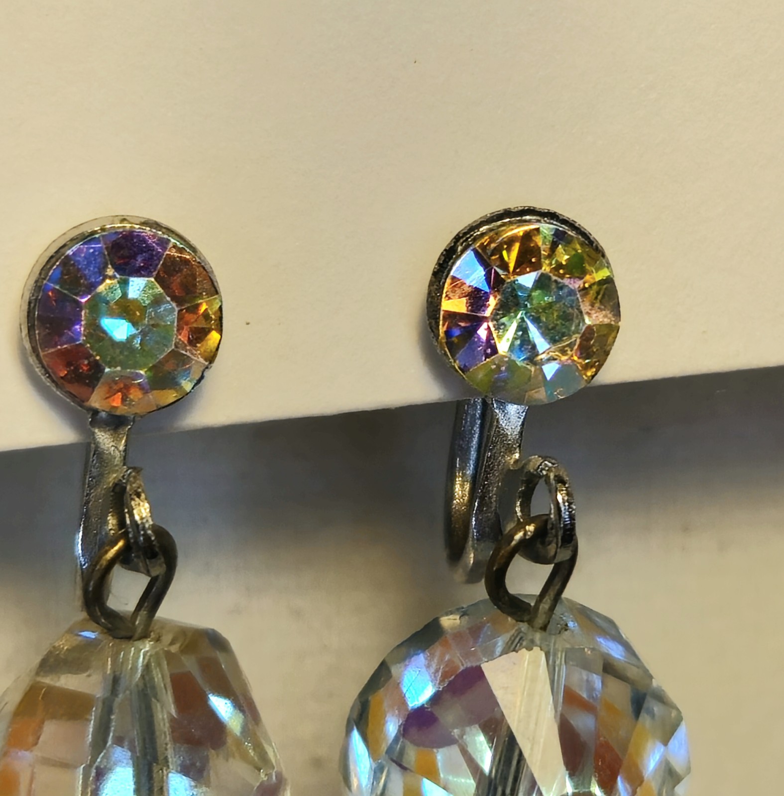 Clear Crystal Prism Earrings • Acrylic Dangle Ball • Silver Tone • 1 Inch