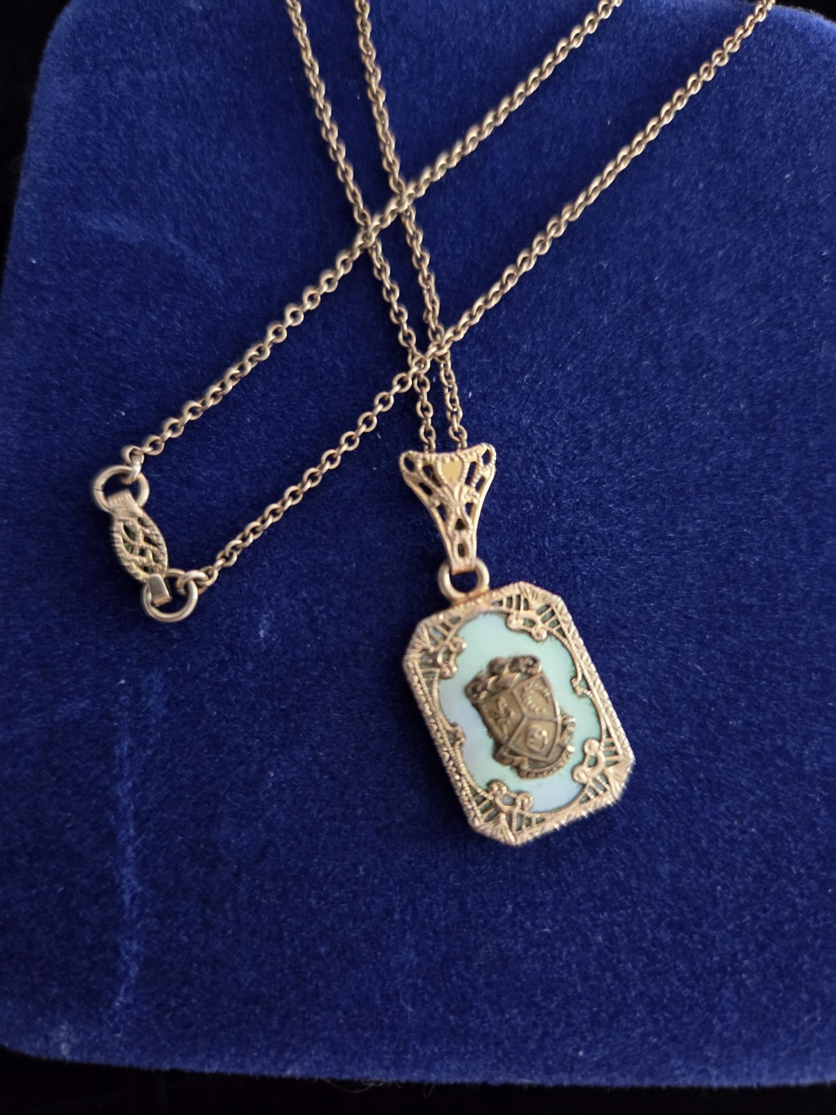 Antique 1929 Fraternity Sorority Pendant MOP Necklace GF 16″ Delicate Chain