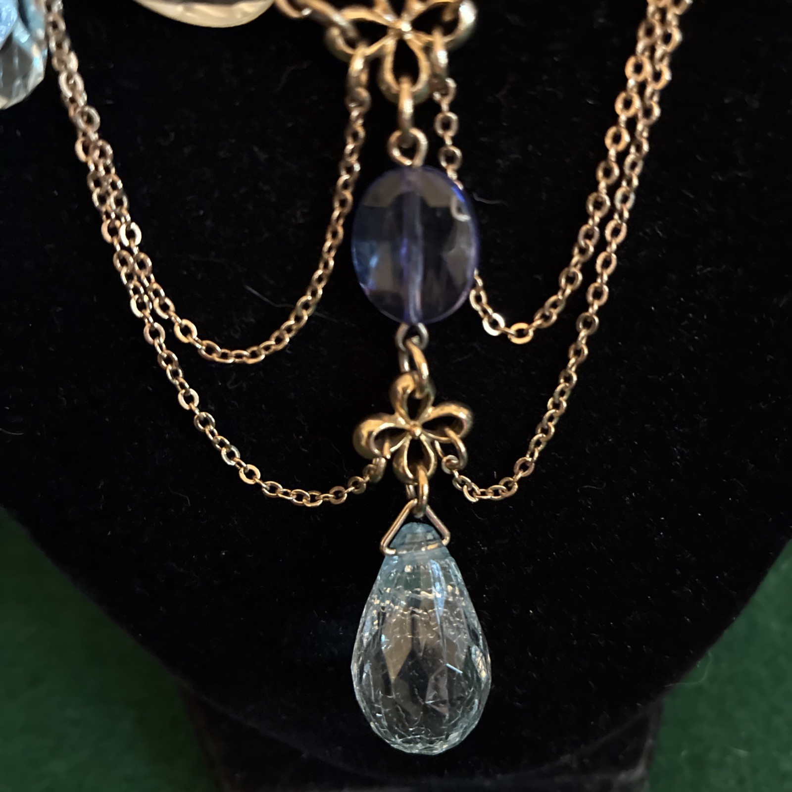 Edwardian Revival Gold Tone Necklace Ice Blue Faceted Teardrop Crystals Dangle